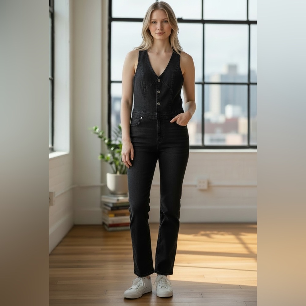 Lee‎ Black Denim Bell Bottom Jumpsuit Romper Flare Leg Tall 35” Inseam L